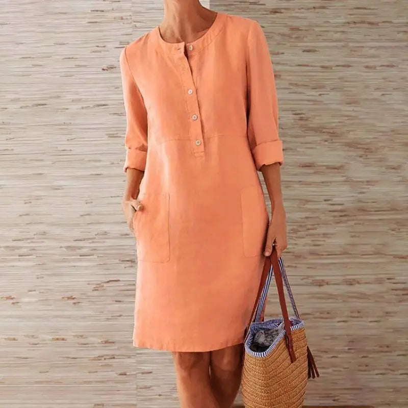 Women’s Casual Button-Up Midi Dress – Relaxed Fit 3/4 Sleeve Tunic Dress with Pockets