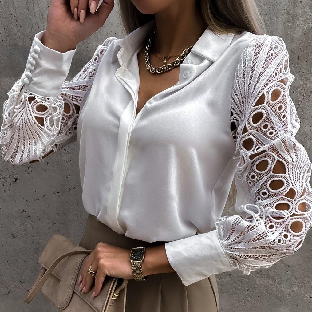 Women's Blouse - Silky Finish - Lace Long Sleeves - Button-Down Elegant Style