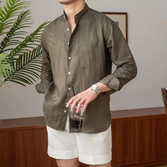 Men’s Linen Shirt – Relaxed Fit – Mandarin Collar – Long Sleeve Button-Up Casual Wear