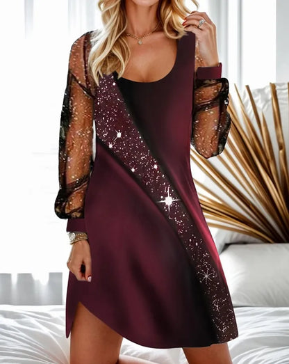 Women's Midi Dress - Scoop Neck - Sheer Long Sleeves - Sequin Embellished - Asymmetrical Hem