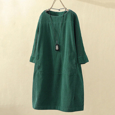 Women's Corduroy Dress - Relaxed Fit - Knee-Length - 3/4 Sleeve Minimalist Style