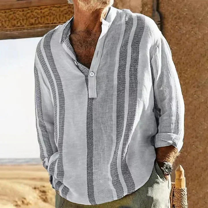 Men’s Casual Shirt – Relaxed Fit – Grandad Collar – Striped – Breathable Blend