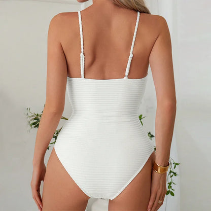 Women’s One-Piece Swimsuit – Slim Fit – Deep V-Neck – Ribbed Stretch – Cut-Out Detail