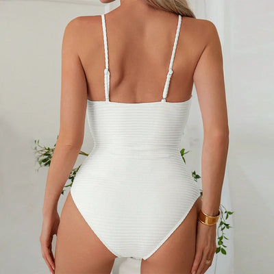 Women’s One-Piece Swimsuit – Slim Fit – Deep V-Neck – Ribbed Stretch – Cut-Out Detail