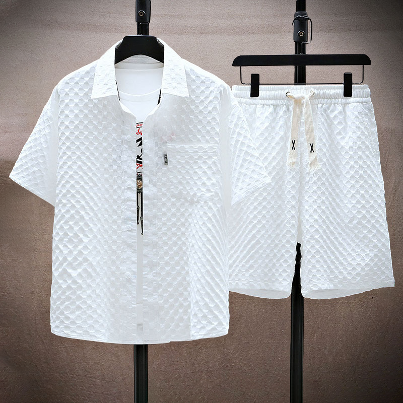 Men’s Two-Piece Set - Textured Short-Sleeve Shirt & Elastic Waist Shorts - Casual Fit