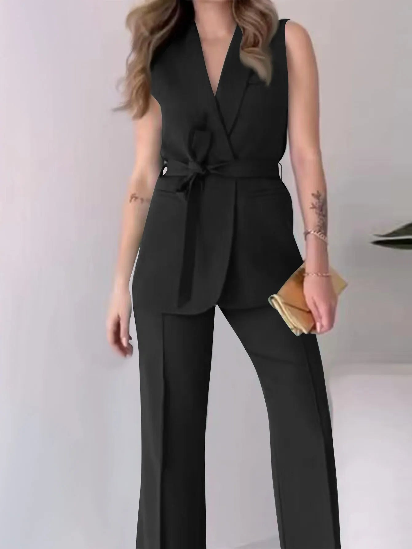 Women's Sleeveless Blazer Suit - Tailored Fit - V-Neck - High-Waisted Trousers - Belted Waist