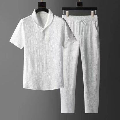 Men’s Lounge Set – Textured Fabric – Shawl Collar Shirt & Straight-Leg Pants – Relaxed Fit