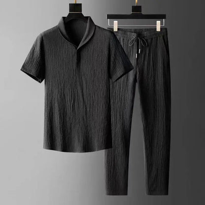 Men’s Lounge Set – Textured Fabric – Shawl Collar Shirt & Straight-Leg Pants – Relaxed Fit