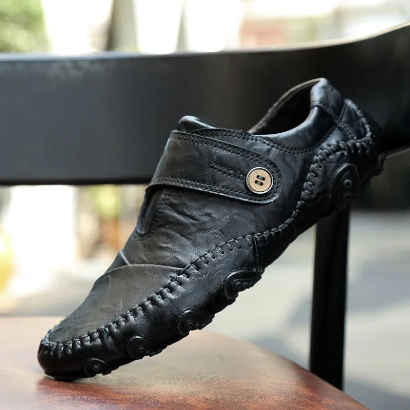 Men’s Leather Loafers – Slip-On Casual Fit – Handcrafted Look – Button Strap Detail