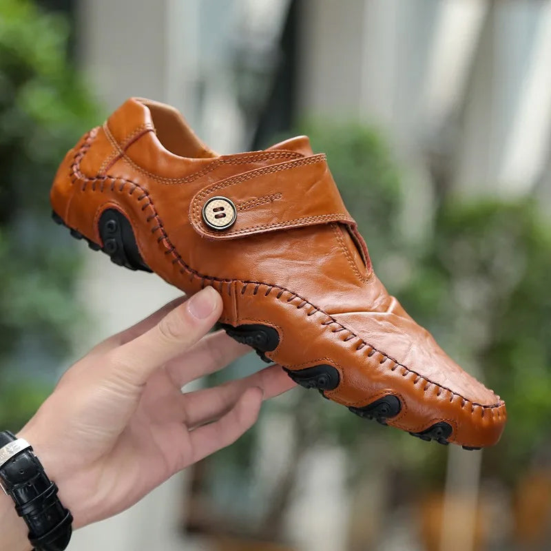 Men’s Leather Loafers – Slip-On Casual Fit – Handcrafted Look – Button Strap Detail