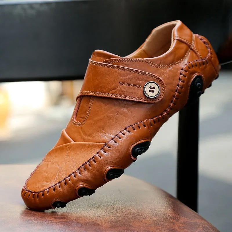 Men’s Leather Loafers – Slip-On Casual Fit – Handcrafted Look – Button Strap Detail