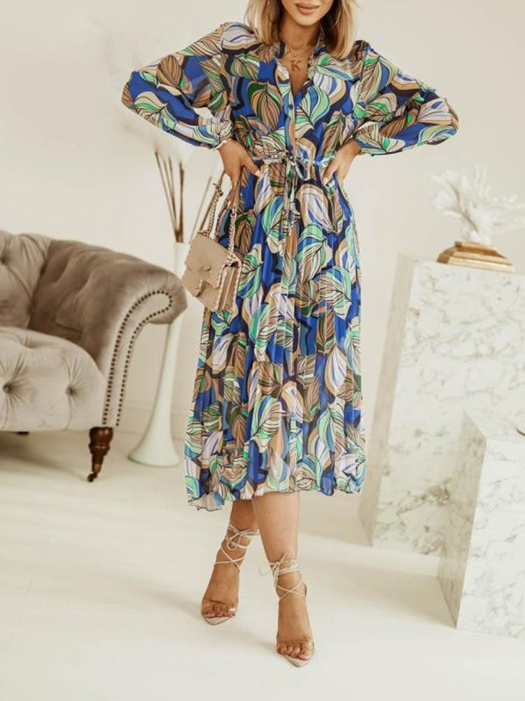 Women's Midi Dress - Relaxed Fit - Long Sleeve - Tie Waist - Abstract Leaf Print