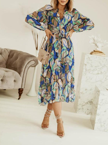 Women's Midi Dress - Relaxed Fit - Long Sleeve - Tie Waist - Abstract Leaf Print