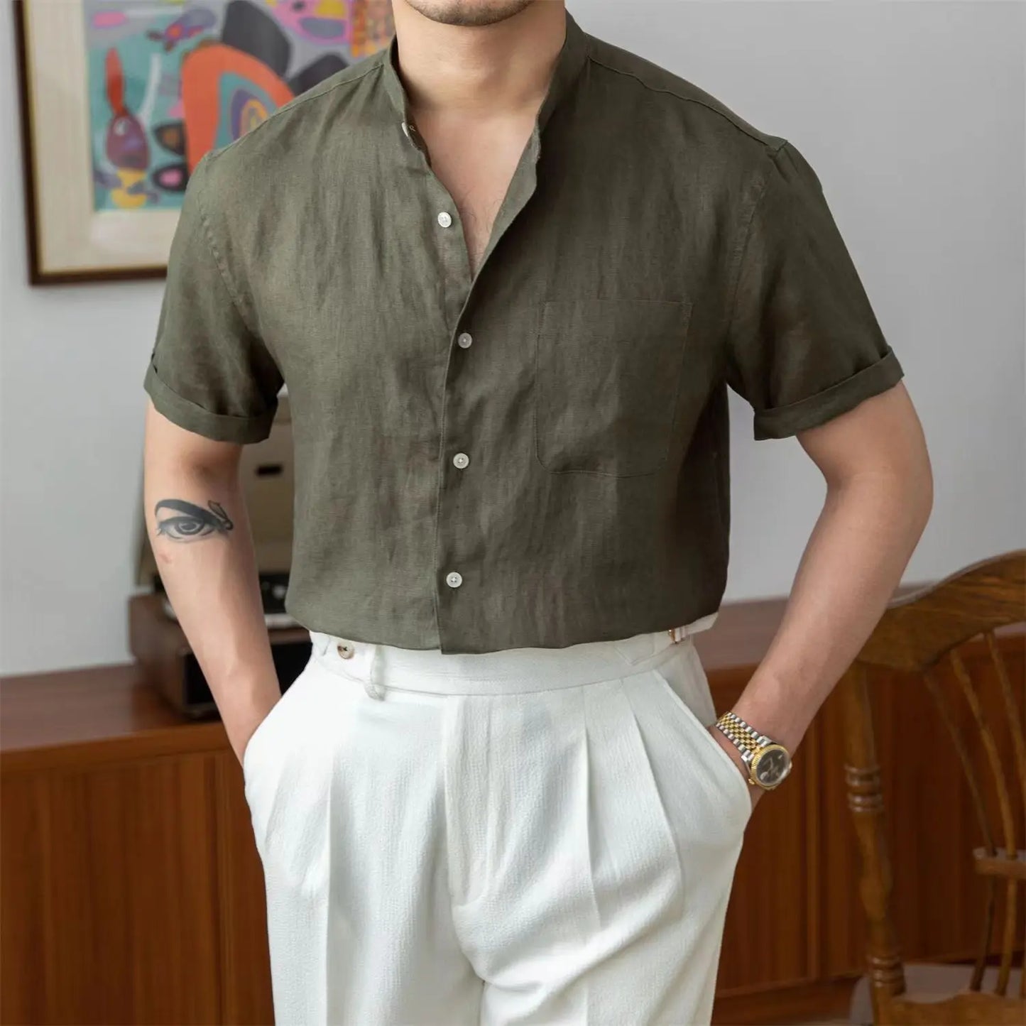 Men’s Linen Shirt – Relaxed Fit – Mandarin Collar – Long Sleeve Button-Up Casual Wear