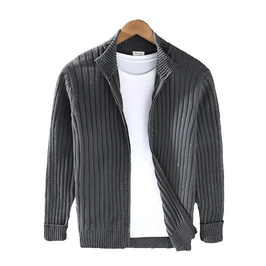 Men's knitted cardigan with zip and stand collar