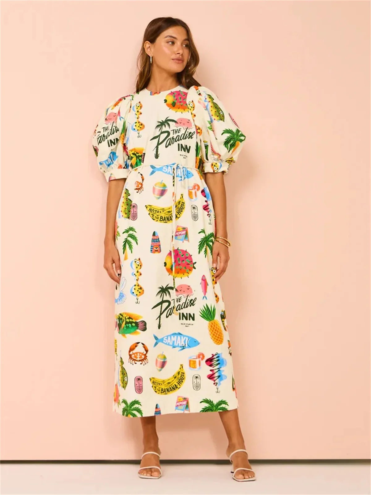 Women's Midi Dress - Relaxed Fit - V-Neck - Long Sleeve Boho Printed Casual Wear