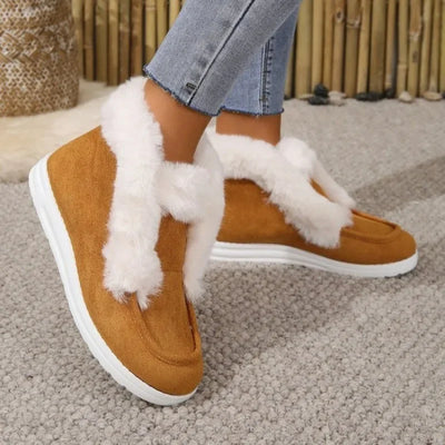 Women’s Slip-On Booties – Plush Trim – Suede-Look Upper – Ankle Length Cozy Fit