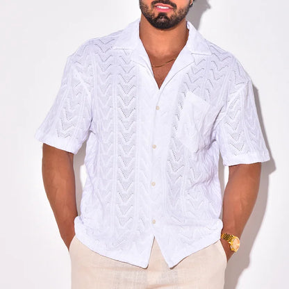 Men’s Knit Shirt – Jacquard Texture – Relaxed Fit – Short Sleeve Casual Collar