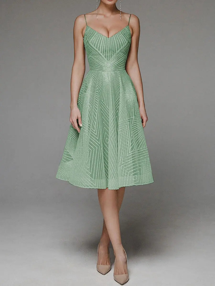 Women's Cocktail Dress - A-Line Fit - V-Neck Spaghetti Straps - Knee-Length Elegant Wear