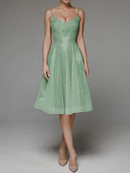 Women's Cocktail Dress - A-Line Fit - V-Neck Spaghetti Straps - Knee-Length Elegant Wear