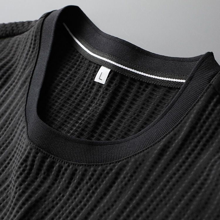 Men’s Tracksuit Set - Textured Pleated Fabric - Short Sleeve T-Shirt & Joggers - Relaxed Fit