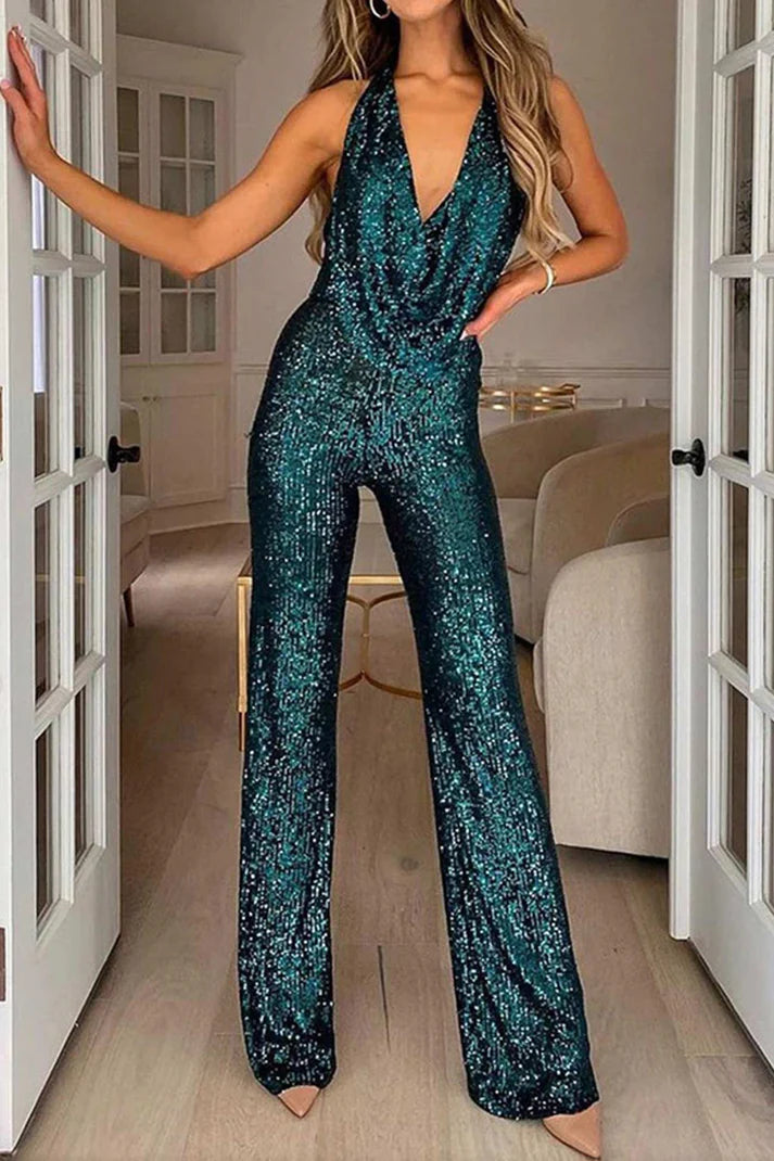 Women’s Jumpsuit – Sequin Embellished – Fitted Silhouette – Cowl Neck Halter Style