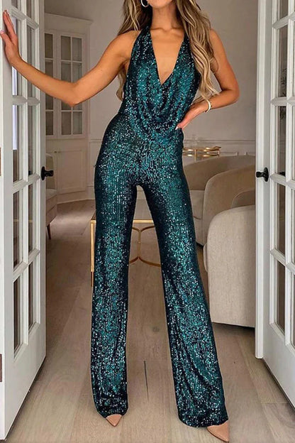 Women’s Jumpsuit – Sequin Embellished – Fitted Silhouette – Cowl Neck Halter Style