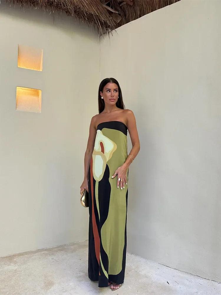 Women’s Maxi Dress – Strapless – Lightweight Fabric – Column Silhouette – Abstract Print