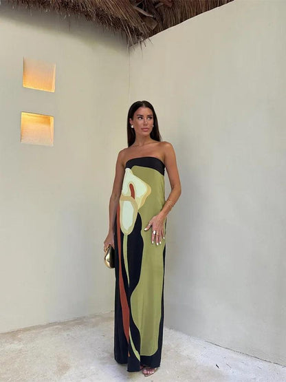 Women’s Maxi Dress – Strapless – Lightweight Fabric – Column Silhouette – Abstract Print