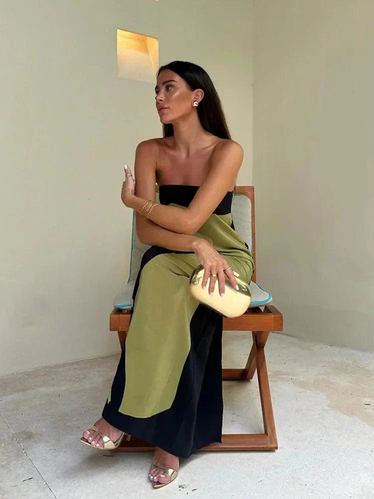 Women’s Maxi Dress – Strapless – Lightweight Fabric – Column Silhouette – Abstract Print