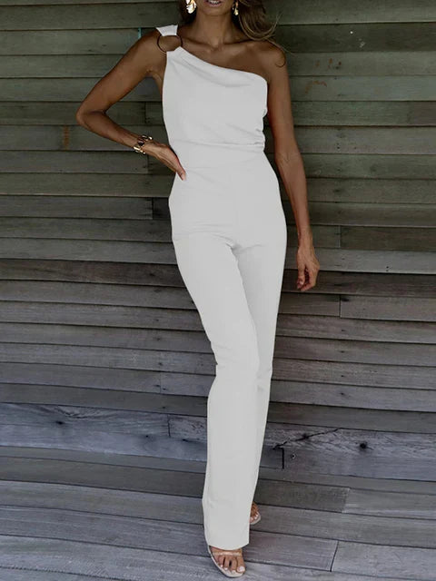 Women's One-Shoulder Jumpsuit - Sleeveless Elegant Fit - Straight Leg Formal Wear