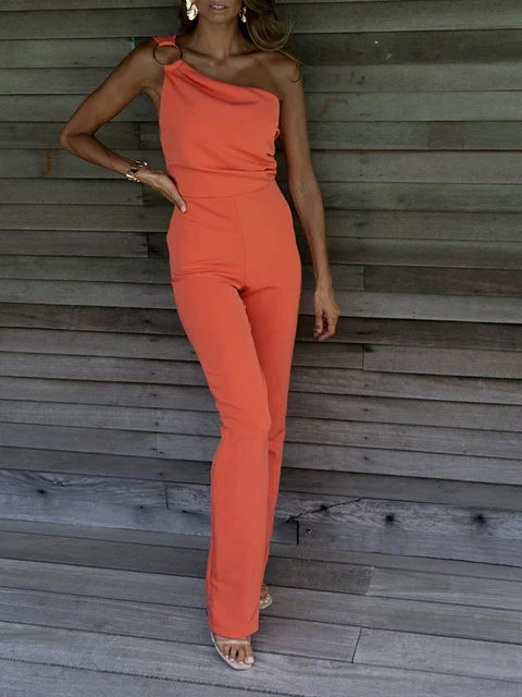 Women's One-Shoulder Jumpsuit - Sleeveless Elegant Fit - Straight Leg Formal Wear