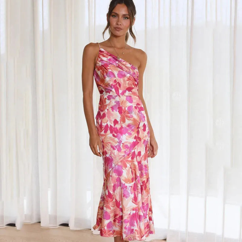 Women's Midi Dress - One-Shoulder Sleeveless - Floral Print Elegant Flowy Fit