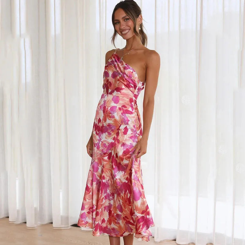 Women's Midi Dress - One-Shoulder Sleeveless - Floral Print Elegant Flowy Fit