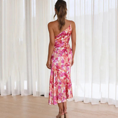 Women's Midi Dress - One-Shoulder Sleeveless - Floral Print Elegant Flowy Fit