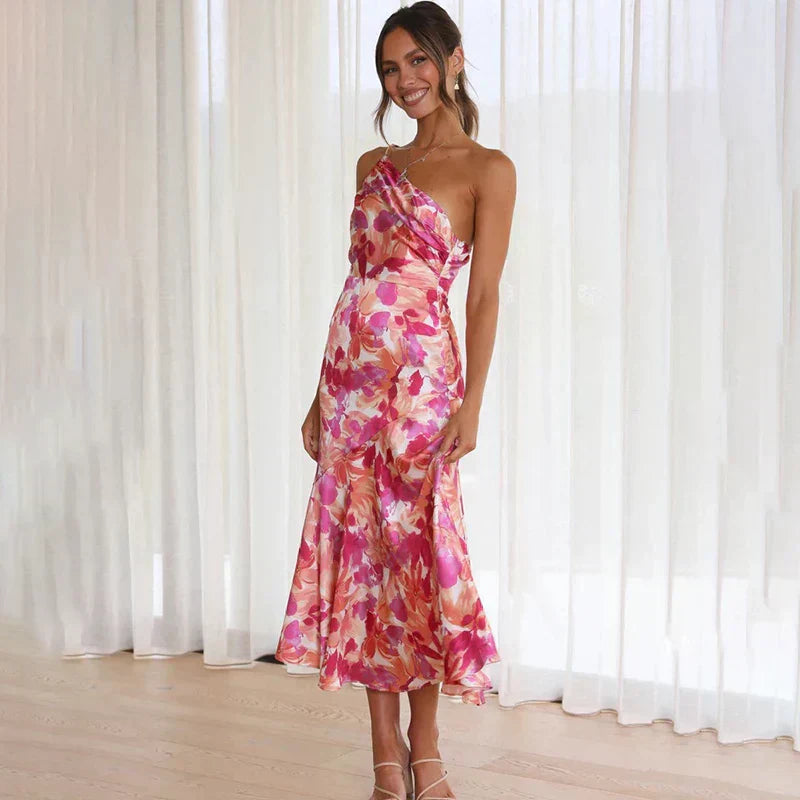 Women’s Midi Dress – Slim Fit – One-Shoulder Draped – Satin Feel – Floral Print