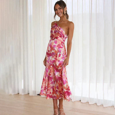 Women’s Midi Dress – Slim Fit – One-Shoulder Draped – Satin Feel – Floral Print