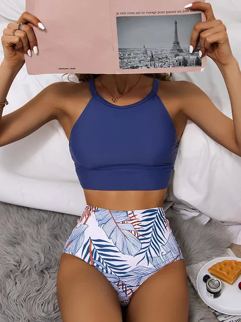 Women’s Bikini Set – High Neck Racerback Top – High Waisted Printed Bottoms – Stretch Fit