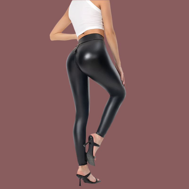 Women’s Faux Leather Pants – Slim Fit – Full Length – Front Zip – Shiny Finish