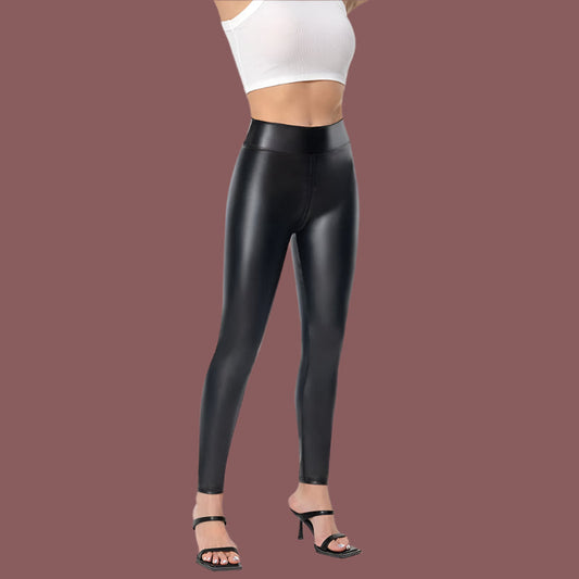 Women’s Faux Leather Pants – Slim Fit – Full Length – Front Zip – Shiny Finish