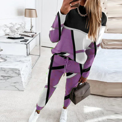 Women's Two-Piece Sweatsuit - Relaxed Fit Knit Set - Geometric Pattern - Drawstring Waist