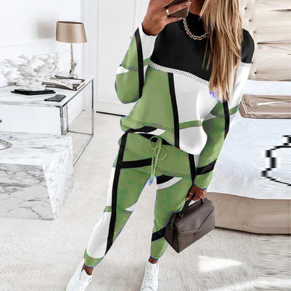 Women's Two-Piece Sweatsuit - Relaxed Fit Knit Set - Geometric Pattern - Drawstring Waist