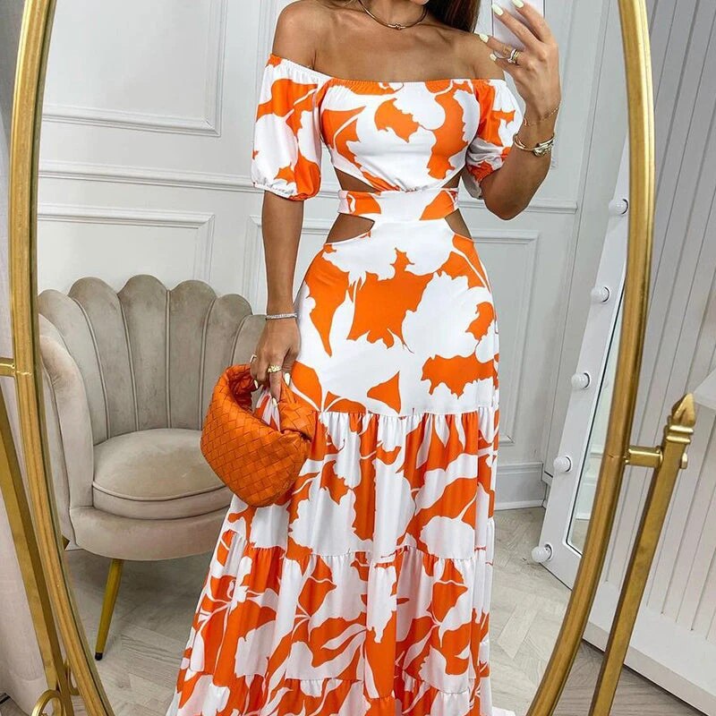 Women's Maxi Dress - Off-Shoulder - Puff Sleeve - Cut-Out Waist - Tiered Skirt