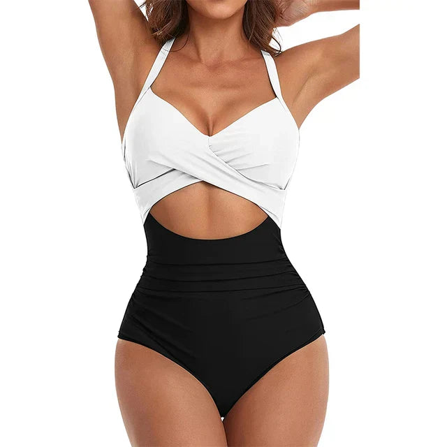Women’s One-Piece Swimsuit – Form-Fitting – Cross-Front – Cut-Out Waist - Patterned