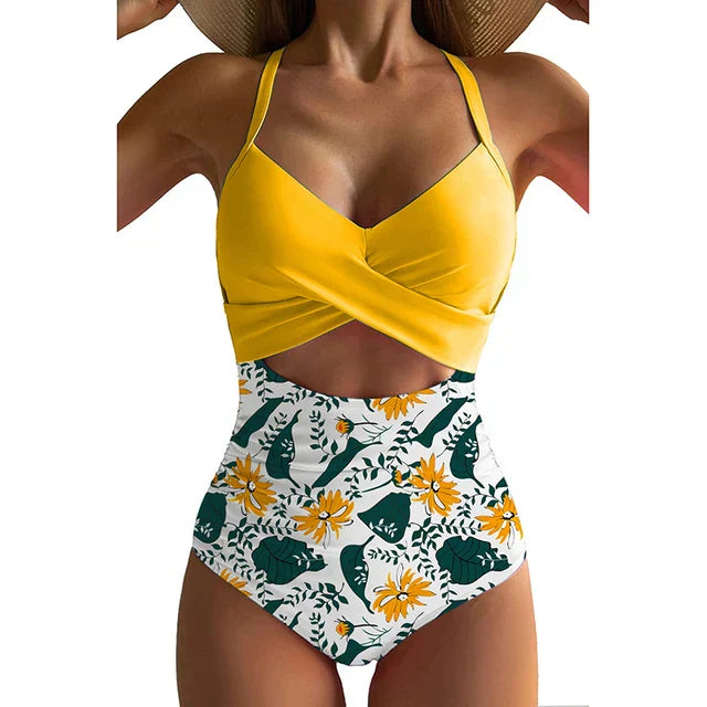 Women’s One-Piece Swimsuit – Form-Fitting – Cross-Front – Cut-Out Waist - Patterned