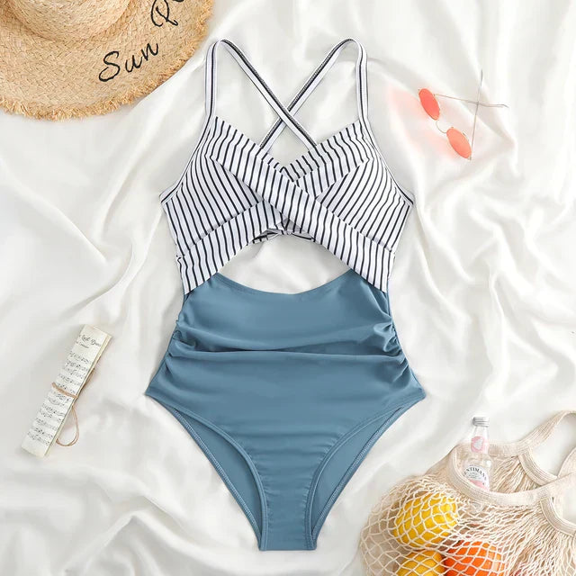 Women’s One-Piece Swimsuit – Form-Fitting – Cross-Front – Cut-Out Waist - Patterned