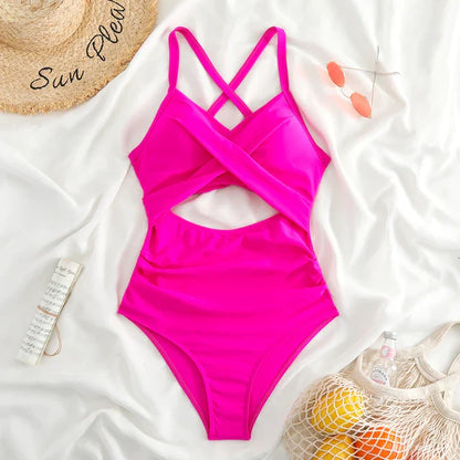 Women’s One-Piece Swimsuit – Form-Fitting – Cross-Front – Cut-Out Waist - Patterned
