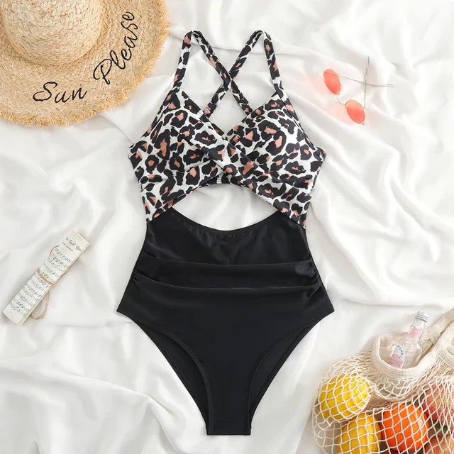 Women’s One-Piece Swimsuit – Form-Fitting – Cross-Front – Cut-Out Waist - Patterned