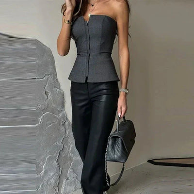 Women’s Strapless Top – Fitted Silhouette – Front Zip – Peplum Hem – Sleek Fabric