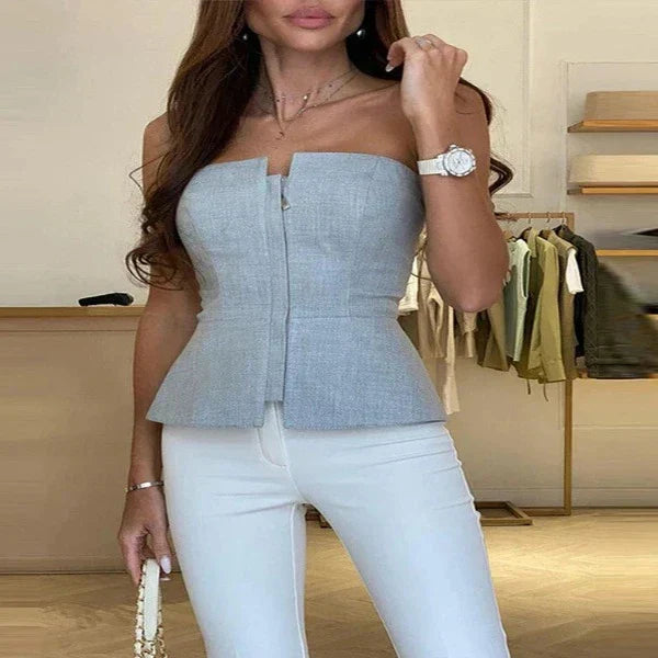 Women’s Strapless Top – Fitted Silhouette – Front Zip – Peplum Hem – Sleek Fabric
